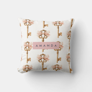 Personalized Coquette Pattern Gold Key & Pink Bow Throw Pillow