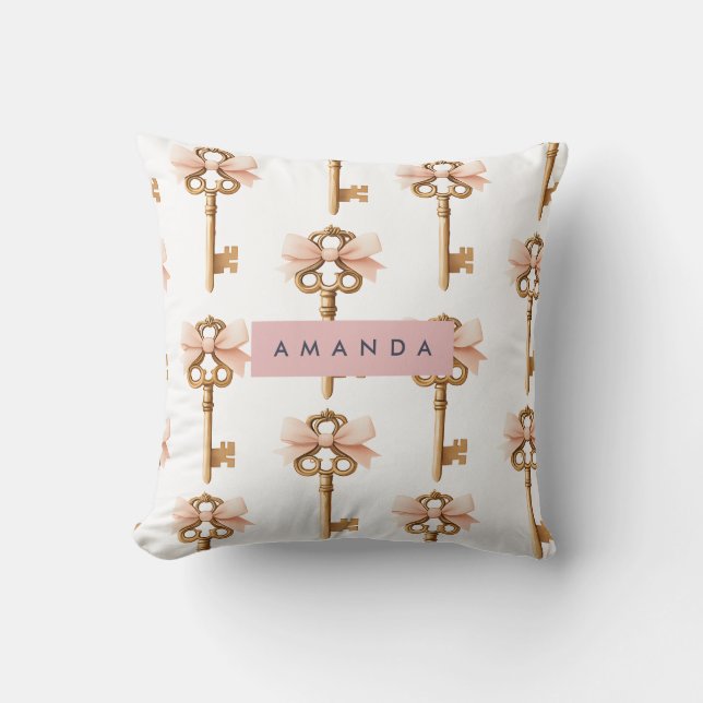 Personalized Coquette Pattern Gold Key & Pink Bow  Throw Pillow (Front)