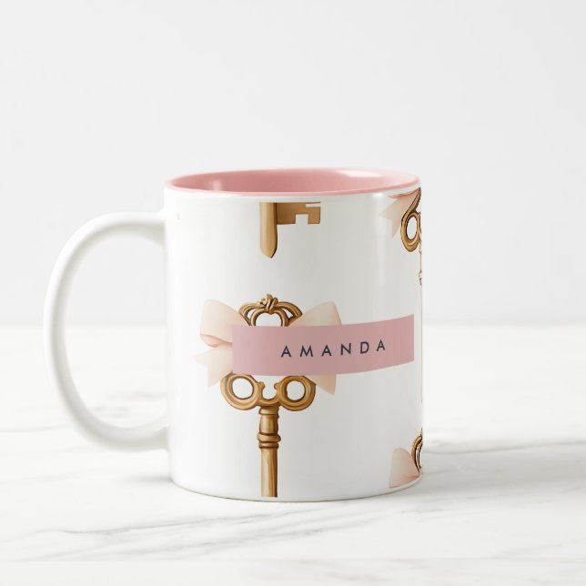 Personalized Coquette Pattern Gold Key & Pink Bow  Two-Tone Coffee Mug (Left)