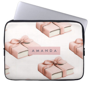 Personalized Coquette Pattern Pink Bow Book Laptop Sleeve