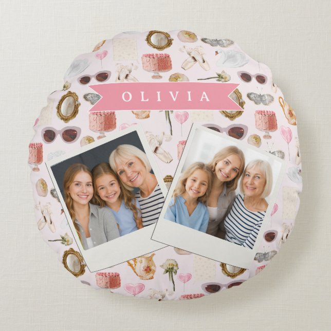 Personalized Coquette Pink Vintage Feminine Round Pillow (Front)