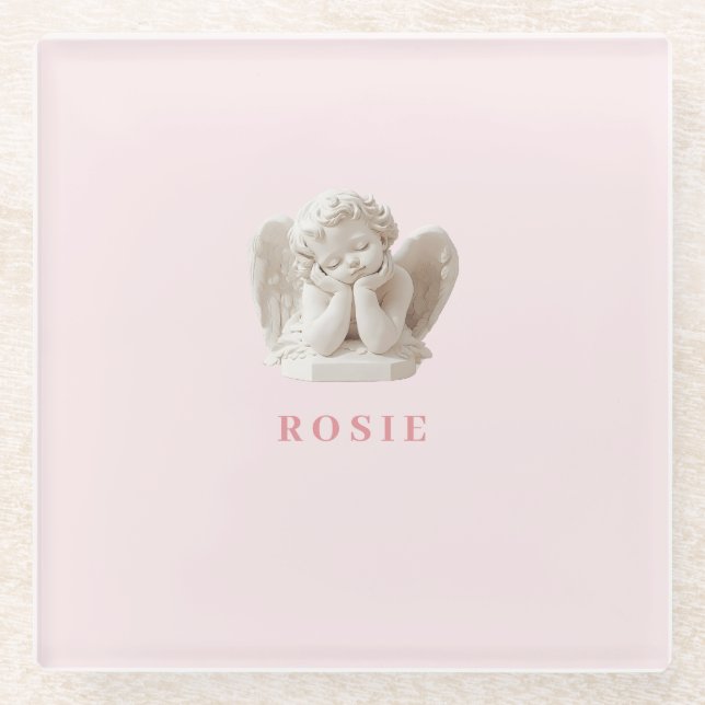 Personalized Coquette Sleeping Angel Sculpture Glass Coaster (Front)