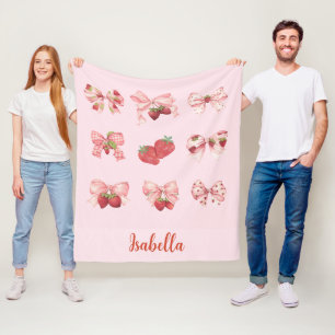 Personalized Coquette Strawberry & Bow  Fleece Bla Blanket