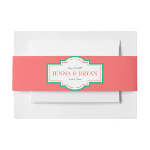 Personalized Coral and Green Wedding Invitation Belly Band