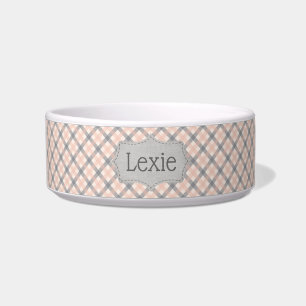 Personalized Coral and Grey Plaid Pet Bowl