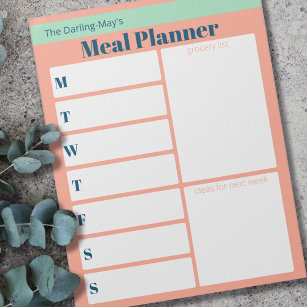 Personalized Coral Blue Meal Planner Grocery List Notepad