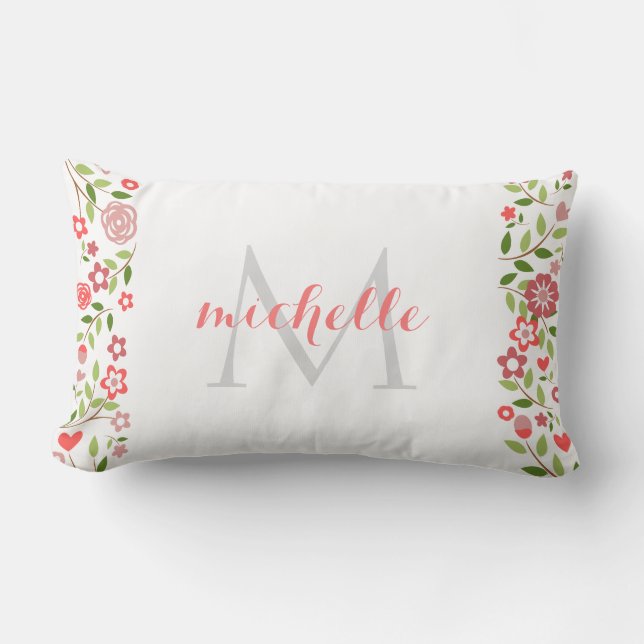 Personalized Coral Grey Floral Monogram Pattern Lumbar Pillow (Front)