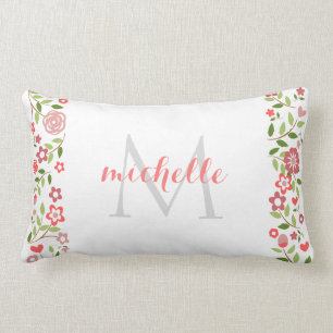 Personalized Coral Grey Floral Monogram Pattern Lumbar Pillow