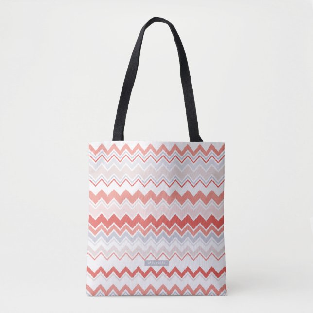 Personalized coral Ikat Chevron Pattern Bridesmaid Tote Bag (Front)