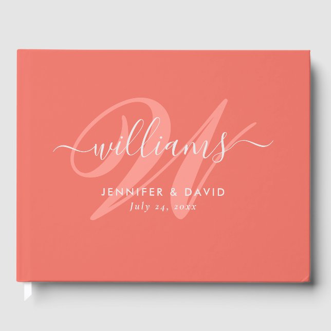 Personalized Coral Monogram Wedding Guest Book (Front)