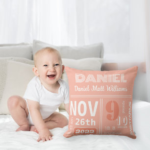Personalized Coral Orange Birth Announcement  Throw Pillow