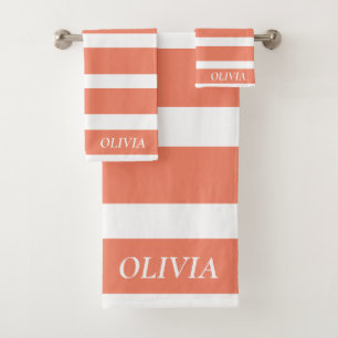 Personalized Coral Peach Elegant Feminine Bath Towel Set