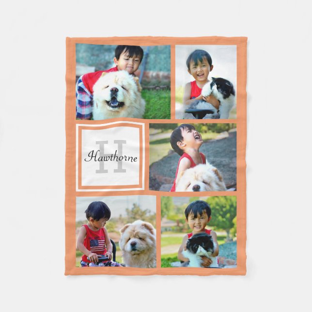 Personalized Coral Photo Collage Monogrammed Gift Fleece Blanket (Front)