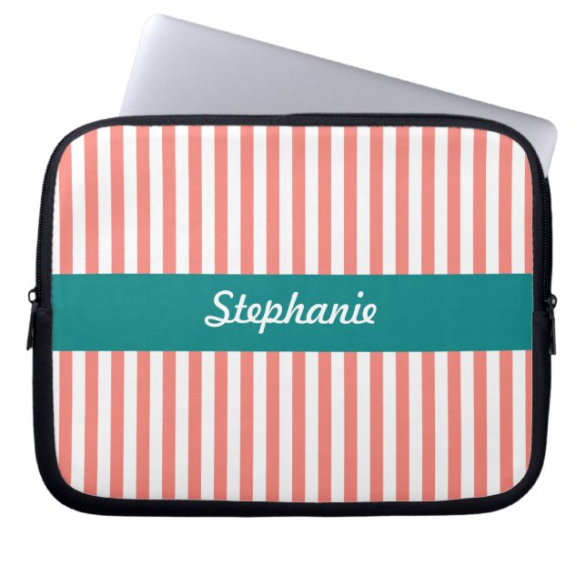 Personalized Coral Pink and White Stripes Laptop Sleeve (Front)