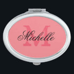 Personalized coral pink monogram compact mirror<br><div class="desc">Personalized name monogram makeup compact mirror. Custom oval compact mirror with elegant script typography and vintage monogram name initial letter. Cute girly gift idea for women and teen girls. Also makes an elegant wedding favour for beautiful bride, bridesmaids, maid of honour, guests etc. Customizable background colour. ie coral pink. Stylish...</div>