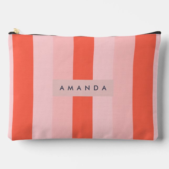 Personalized Coral & Pink Vertical Stripe Pattern Accessory Pouch (Front)
