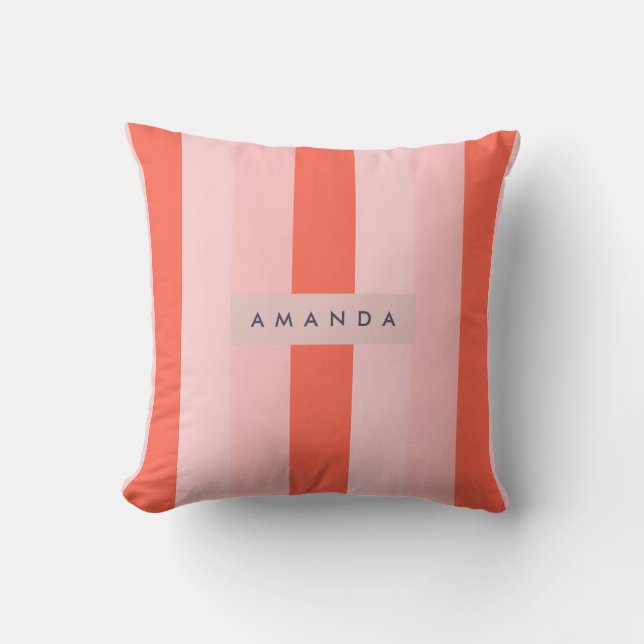 Personalized Coral & Pink Vertical Stripe Pattern Throw Pillow (Front)