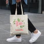 Personalized Coral Pink Watercolor Rose Tote Bag<br><div class="desc">Create you own personalized coral pink rose and peach flower bouquet bridesmaid gift.
A floral design for your romantic wedding theme.
You can change the dark orange red colour of the modern calligraphy style font.</div>