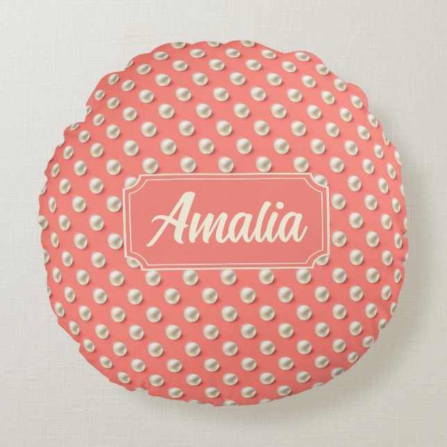 Personalized Coral Polka Dot Throw Pillow  (Front)