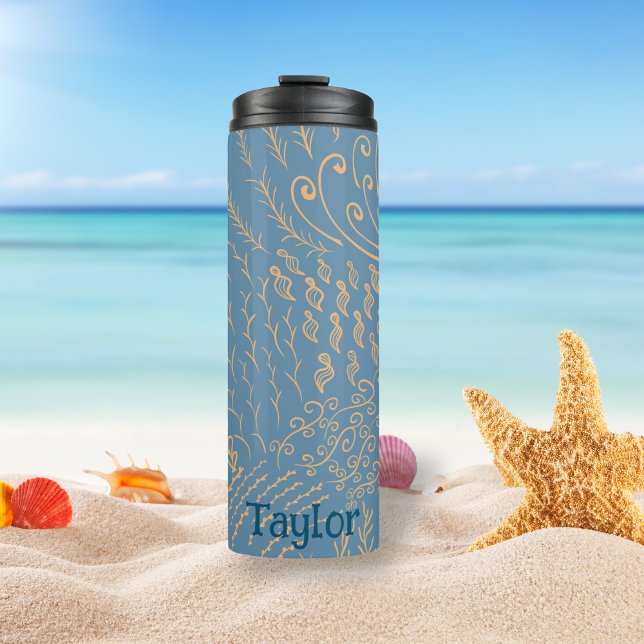 Personalized | Coral Reef Shell Print Thermal Tumbler (Dark Blue Ocean Scene Tumbler)