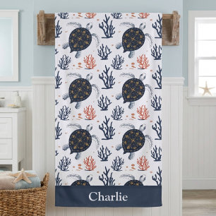 Personalized Coral Sea Turtle Bath Towel