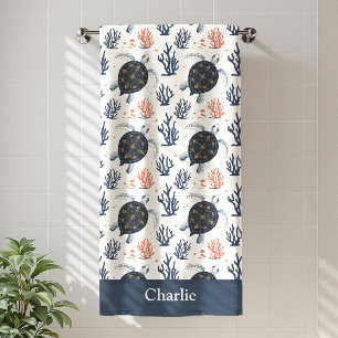 Personalized Coral Sea Turtle Bath Towel