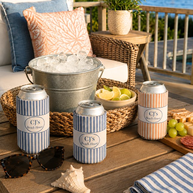 Personalized Coral Stripe Beach House Can Cooler (Creator Uploaded)