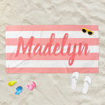 Personalized Coral Striped Script Name Beach Towel<br><div class="desc">Personalized beach towel design features custom text in modern coral script that can be personalized with a first or last name against a pattern of white stripes on a blush pink background. Colours and font style can be completely customized.</div>