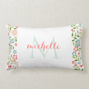 Personalized Coral Teal Floral Monogram Pattern Lumbar Pillow