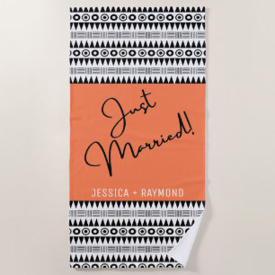 Personalized Coral Tribal Pattern Just Married Beach Towel
