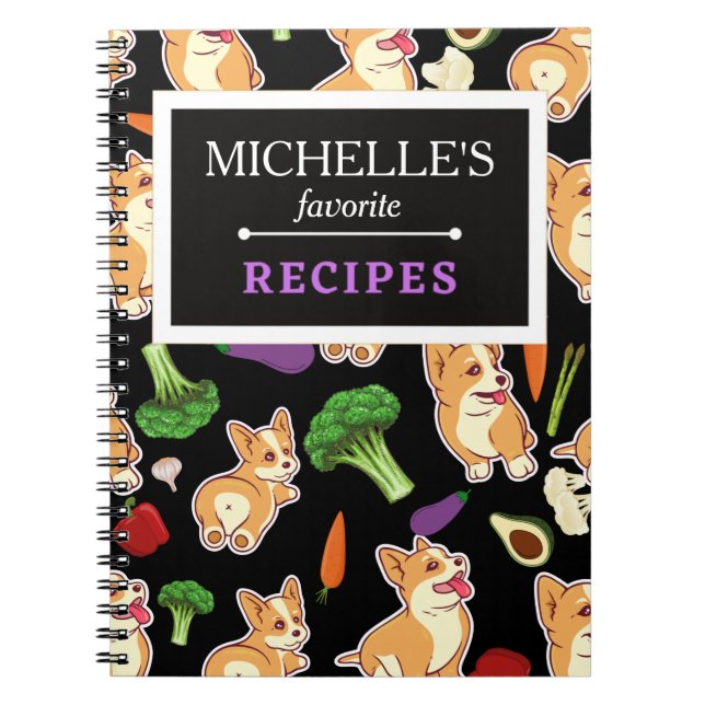 Personalized Corgi and Food Pattern Black Notebook (Front)