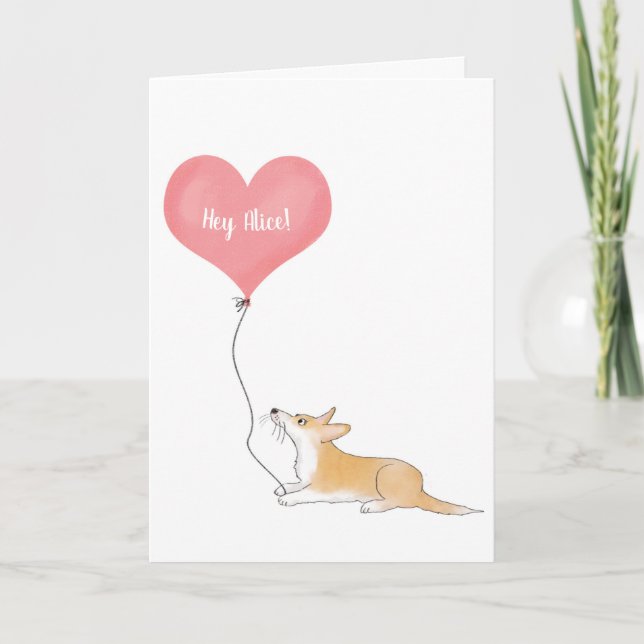 Personalized corgi & balloon thinking of you card (Front)