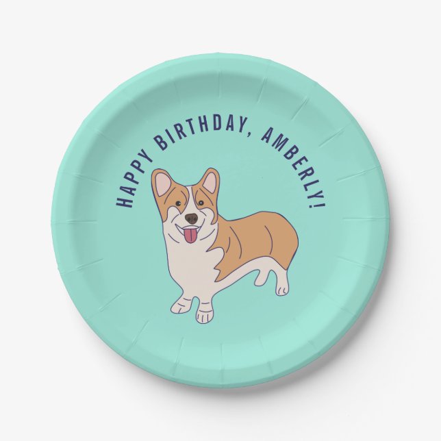 Personalized Corgi Dog Mint Green Birthday Party Paper Plate (Front)