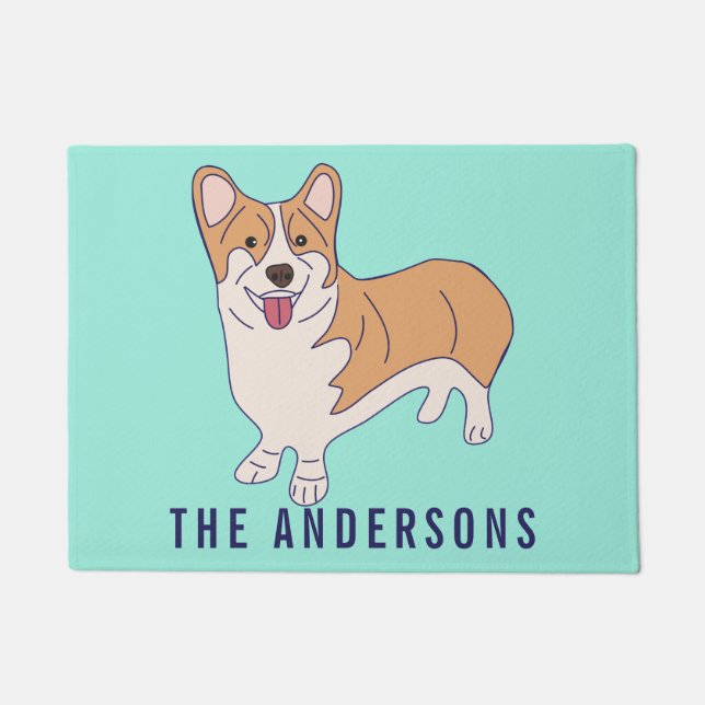 Personalized Corgi Dog Mint Green Doormat (Front)
