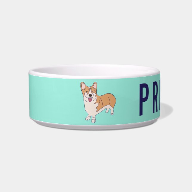 Personalized Corgi Dog Mint Green Food or Water Bowl (Left)