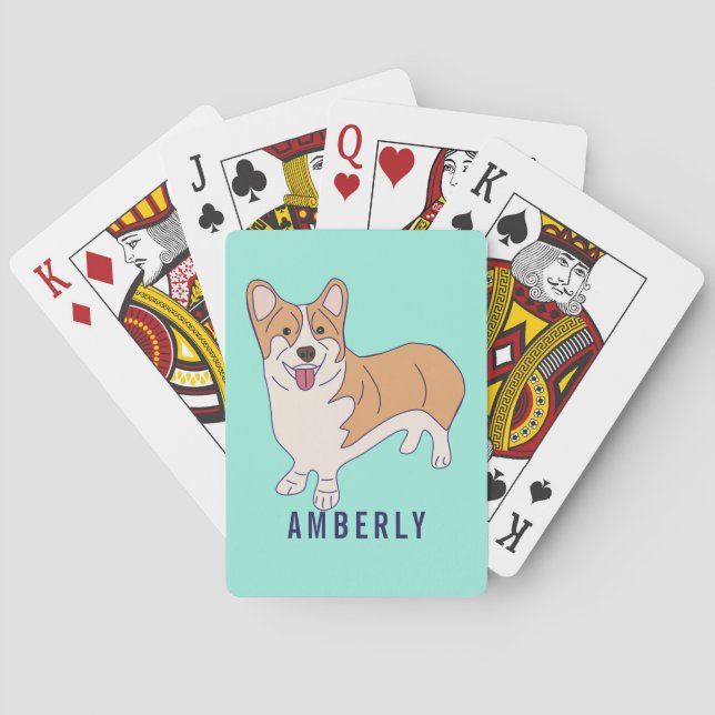 Personalized Corgi Dog Mint Green Playing Cards (Back)