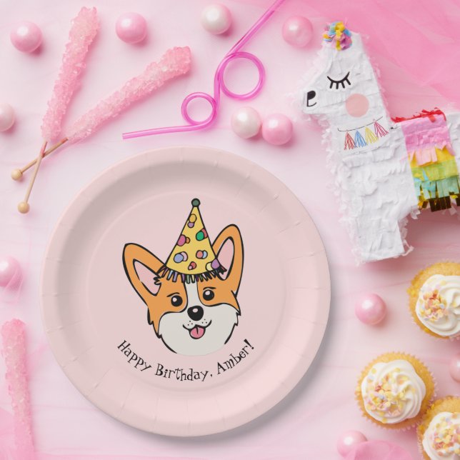 Personalized Corgi Theme Girl's Birthday Paper Plate (Party)