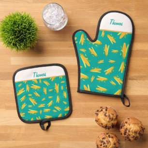 Personalized Corn On The Cob Pattern Apron Oven Mitt & Pot Holder Set