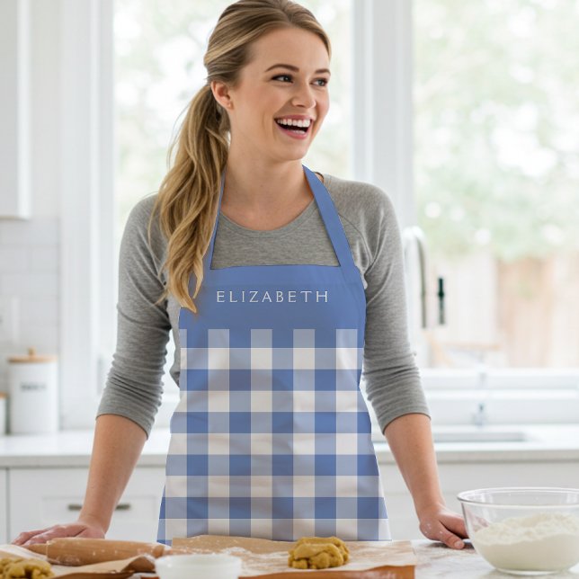 Personalized Cornflower Blue Gingham Check Pattern Apron (Creator Uploaded)