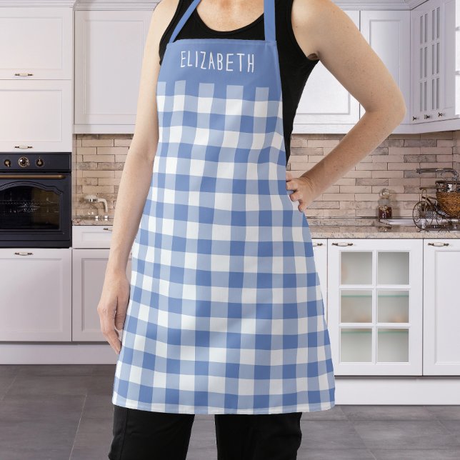 Personalized Cornflower Blue Gingham Check Pattern Apron (Creator Uploaded)