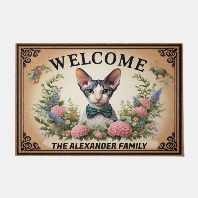Personalized Cornish Rex Cat, Floral Chic Welcome Doormat (Front)