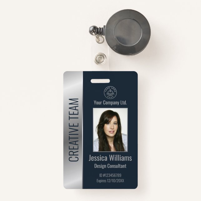 Personalized Corporate Employee Blue Silver ID Badge (Front with Retractable)