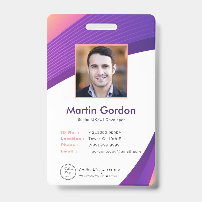 Personalized Corporate Modern Violet Employee ID Badge (Front)
