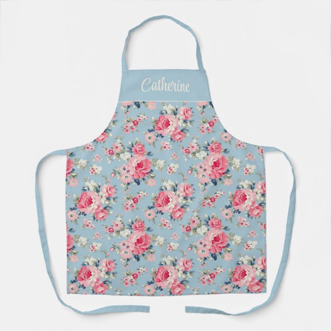 Personalized Cottage Pink Roses on Blue Background Apron (Front)
