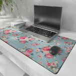 Personalized Cottage Pink Roses on Blue Background Desk Mat<br><div class="desc">Elegant and romantic seamless floral pattern featuring cottage style pastel pink roses with white and pink wildflowers on light sky blue background. Includes optional solid element with editable text field.</div>
