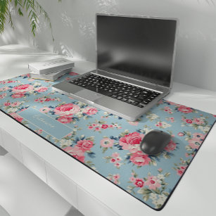 Personalized Cottage Pink Roses on Blue Background Desk Mat