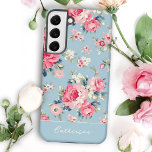 Personalized Cottage Pink Roses on Blue Background Samsung Galaxy Case<br><div class="desc">Elegant and romantic seamless floral pattern featuring cottage style pastel pink roses with white and pink wildflowers on light sky blue background. Includes optional solid element and editable text field.</div>