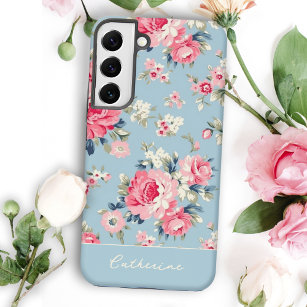 Personalized Cottage Pink Roses on Blue Background Samsung Galaxy Case