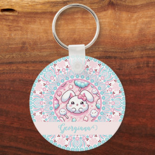 Personalized Cotton Candy Kawaii Bunny Dot Mandala Keychain