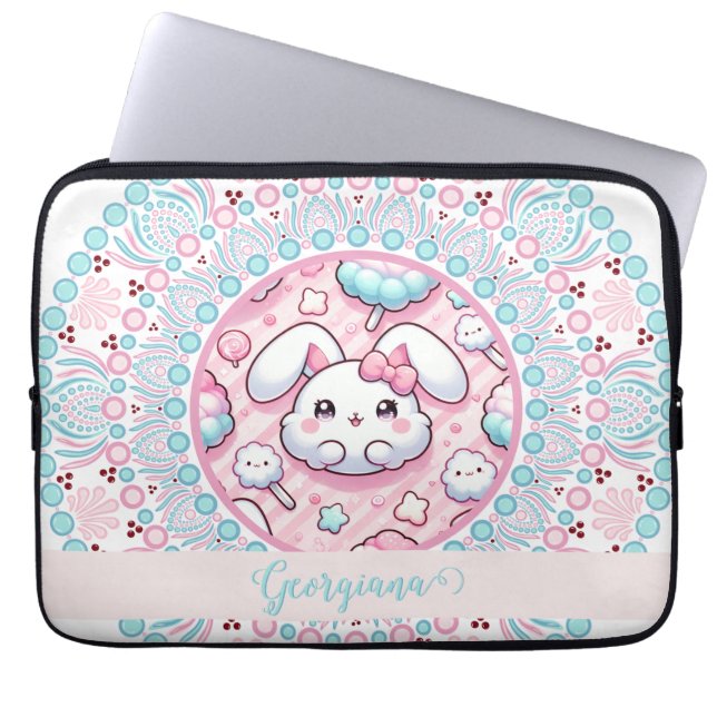 Personalized Cotton Candy Kawaii Bunny Dot Mandala Laptop Sleeve (Front)